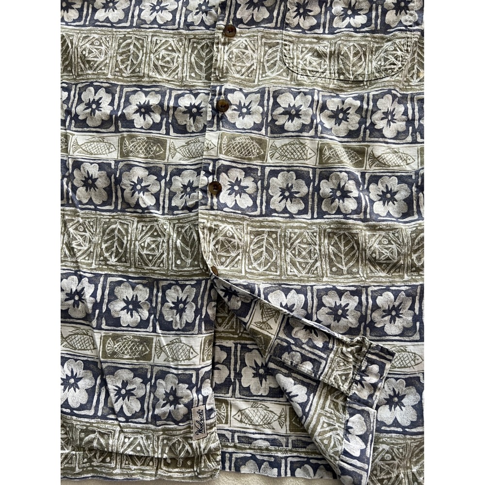 Woolrich Mens Blue Olive Cotton Block Print Floral Fish Short Sleeve Shirt M - Picture 8 of 10